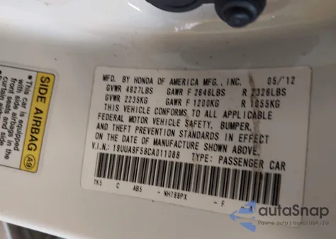 2012 Acura Tl from USA, damaged, VIN 19UUA9F58CA011088